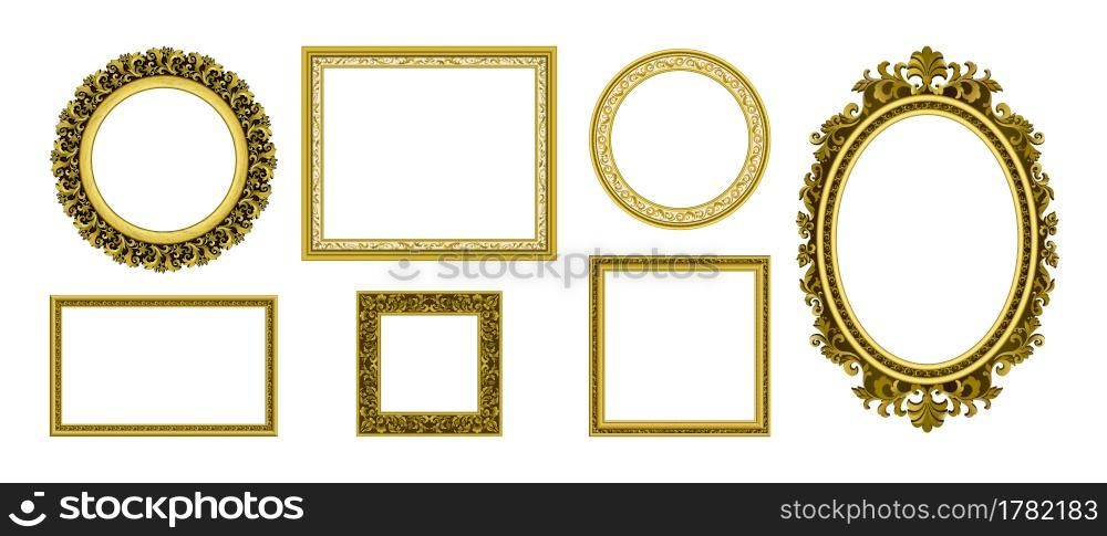Golden picture frames. Royal antique photo border. Empty interior old style ornamental wall elements. Isolated round and square luxury decorative corners set. Vector blank portrait frameworks template. Golden picture frames. Royal antique photo border. Empty interior old style ornamental wall elements. Round and square luxury decorative corners set. Vector portrait frameworks template