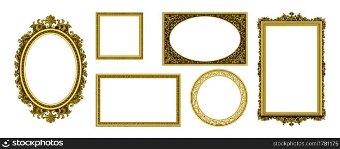 Golden picture frames. Vintage photo border. Antique royal museum decoration with luxury ornament. Isolated empty frameworks of gold. Premium furniture template. Vector retro interior elements set. Golden picture frames. Vintage photo border. Antique royal museum decoration with luxury ornament. Isolated frameworks of gold. Premium furniture template. Vector interior elements set