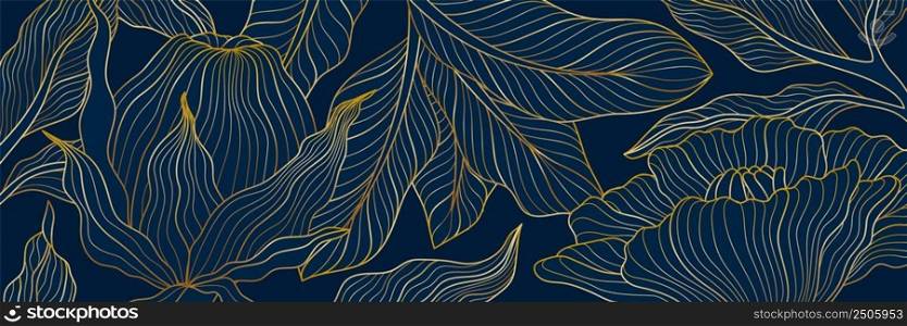 Golden plants background. Gold foliage, glamour japanese leaf. Art backdrop with floral planting, nature luxury design. Abstract lotus vector banner. Illustration of floral background, plant wallpaper. Golden plants background. Gold blue foliage, glamour japanese leaf. Art backdrop with floral planting, nature luxury design. Abstract lotus swanky vector banner