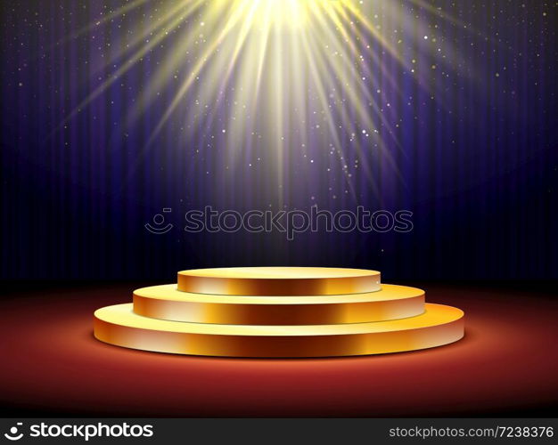 Golden podium. Empty gold pedestal for award ceremony, stage with spotlight illuminated platform for presentation, show event vector concept. Podium with dark curtains background, glowing light. Red carpet to podium. Vector illustration