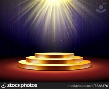 Golden podium. Empty gold pedestal for award ceremony, stage with spotlight illuminated platform for presentation, show event vector concept. Podium with dark curtains background, glowing light. Red carpet to podium. Vector illustration