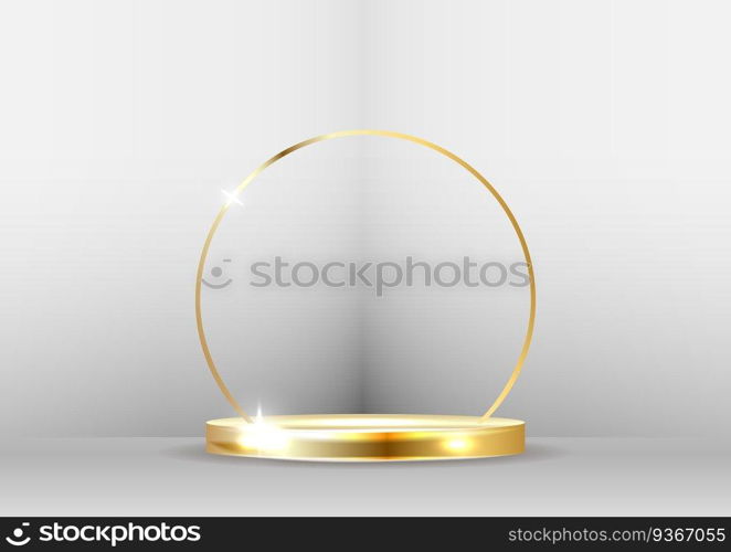 Golden podium with a spotlight and bokeh on a white background, the first place, fame and popularity. Vector illustration.. Golden podium with a spotlight and bokeh on a white background.