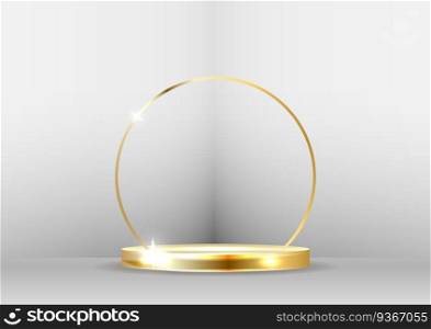 Golden podium with a spotlight and bokeh on a white background, the first place, fame and popularity. Vector illustration.. Golden podium with a spotlight and bokeh on a white background.