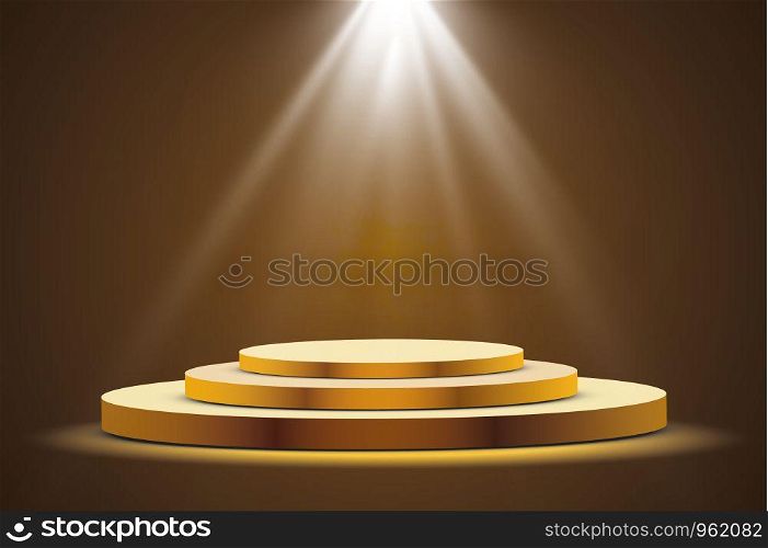 Golden podium with a spotlight on a dark background, the first place, fame and popularity. Vector illustration.. Golden podium with a spotlight on a dark background, the first place, fame and popularity. Vector illustration