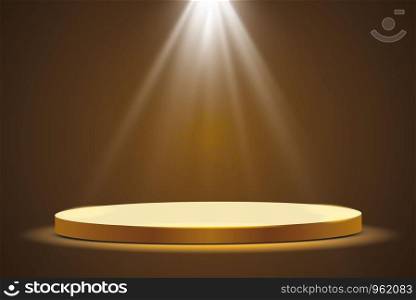 Golden podium with a spotlight on a dark background, the first place, fame and popularity. Vector illustration.. Golden podium with a spotlight on a dark background, the first place, fame and popularity. Vector illustration
