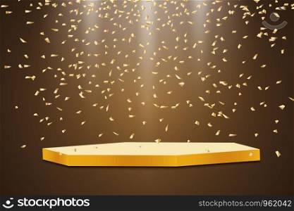 Golden podium with a spotlight on a dark background, with fog and confetti, the first place, fame and popularity. Vector illustration.. Golden podium with a spotlight on a dark background, with fog and confetti, the first place, fame and popularity. Vector illustration