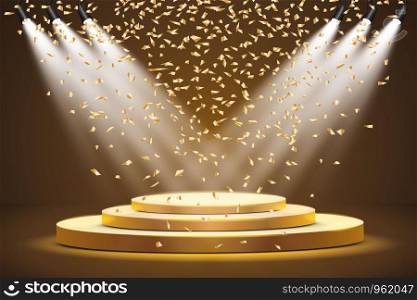 Golden podium with a spotlight on a dark background, with fog and confetti, the first place, fame and popularity. Vector illustration.. Golden podium with a spotlight on a dark background, with fog and confetti, the first place, fame and popularity. Vector illustration