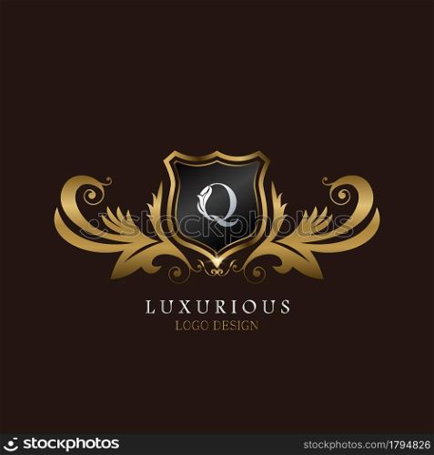 Golden Q Logo Luxurious Shield, creative vector design for luxury brand identity.