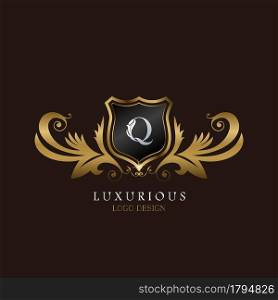 Golden Q Logo Luxurious Shield, creative vector design for luxury brand identity.