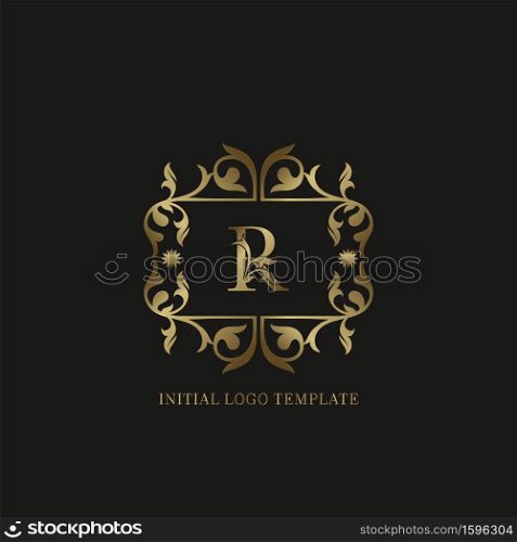Golden R Initial logo. Frame emblem ampersand deco ornament monogram luxury logo template for wedding or more luxuries identity