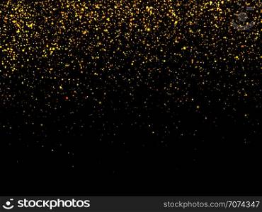 Golden rain isolated on black background. Vector gold grain texture celebratory wallpaper. Chaotic confetti crystals yellow bright illustration. Golden rain isolated on black background. Vector gold grain texture celebratory wallpaper