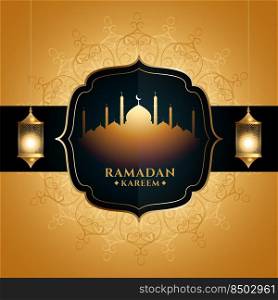 golden ramadan kareem greeting with mosque and lantern