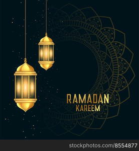 golden ramadan kareen festival card with lanterns