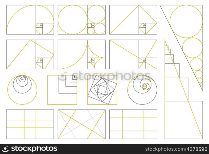 Golden ratio, divine proportions, golden fibonacci numbers spiral. Golden proportion fibonacci array vector illustration set. Sacred geometry proportion signs. Shapes in symmetrical harmony. Golden ratio, divine proportions, golden fibonacci numbers spiral. Golden proportion fibonacci array vector illustration set. Sacred geometry proportion signs