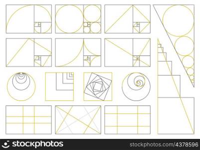 Golden ratio, divine proportions, golden fibonacci numbers spiral. Golden proportion fibonacci array vector illustration set. Sacred geometry proportion signs. Shapes in symmetrical harmony. Golden ratio, divine proportions, golden fibonacci numbers spiral. Golden proportion fibonacci array vector illustration set. Sacred geometry proportion signs