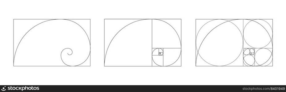 Golden ratio icon. Logarithmic spiral in rectangle frame fracted on squares and circles. Fibonacci sequence sign. Ideal symmetry proportions template for photography. Vector outline illustration. Golden ratio icon. Logarithmic spiral in rectangle frame fracted on squares and circles. Fibonacci sequence sign. Ideal symmetry proportions template for photography