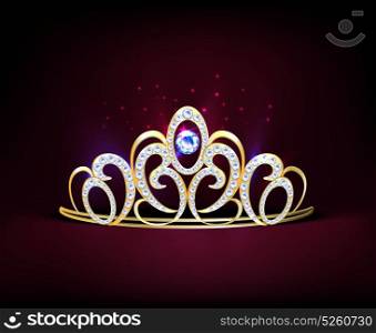 Golden Realistic Diadem Composition. Colored golden realistic diadem composition with diamonds and big gemstone in center vector illustration
