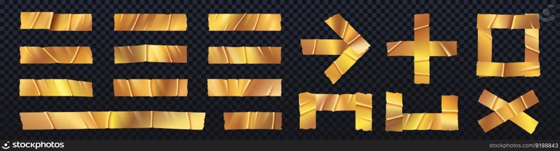 Golden realistic duct tape isolated pieces vector. Gold duck sellotape arrow, cross, frame and plus glued wrinkled set. Clerical metallic sticky stripe label collection with torn corner illustration. Golden realistic duct tape isolated pieces vector