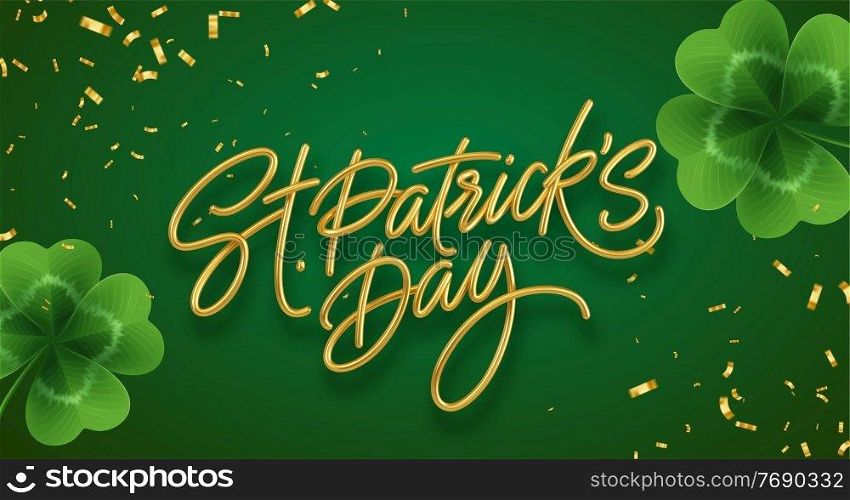 Golden realistic lettering Happy St. Patricks Day with realistic clover leaves background. Background for poster, banner Happy Patrick. Vector illustration EPS10. Golden realistic lettering Happy St. Patricks Day with realistic clover leaves background. Background for poster, banner Happy Patrick. Vector illustration