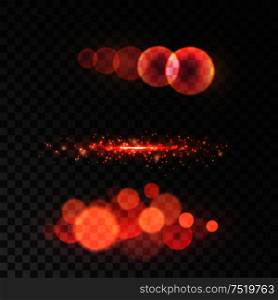 Golden red bokeh light with lens flare effect. Glowing glitter blur. Bokeh lights on transparent background. Golden red bokeh light with lens flare effect