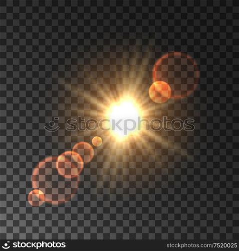 Golden red spotlight flash with lens flare effect. Sunshine rays, star light sparkling on transparent background. Golden red spotlight with lens flare effect
