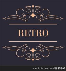 Golden retro logotype with swirly wavy lines and flower ornaments. Isolated icon of logo of luxurious vintage brand, sticker for production or packages. Decorative emblem, vector in flat style. Retro ornamental logotype with line and swirls vector