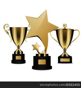 Golden rewards vector realistic collection on white. Three prizes for winners in shapes of stars and deep cups, open and with cover on black stands isolated. Metal trophy awards colorful poster.. Golden Rewards Collection of Three on Stands.
