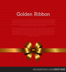 Golden ribbon certificate or greeting card design with crossed tapes with gold bow in left corner of vector with text isolated on red with squares. Golden Ribbon Certificate or Greeting Card Design