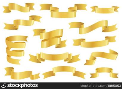Golden ribbons, realistic glossy gold tape banner elements. Empty premium promo ribbon or scroll, elegant vintage decoration Vector set. Festive promotional blank elements isolated on white. Golden ribbons, realistic glossy gold tape banner elements. Empty premium promo ribbon or scroll, elegant vintage decoration Vector set