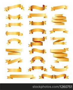 Golden ribbons set vector. Colorful labels, price tags, banners for bookmark, vintage ribbon, retro strap, band isolated set of vector is presented.. Golden ribbons set vector. Colorful labels, price tags, banners for bookmark, vintage ribbon, retro strap, band isolated set of vector
