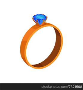 Golden ring with blue diamond icon. Wedding ring with precious gemstome flat vector illustration isolated on white background. Golden wedding ring with blue diamond vector icon