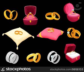 Golden rings in luxury boxes for wedding or engagement vector icons. Gold jewelry decorated with precious gemstones lying on soft pillow or red cases of square and round shape isolated cartoon set. Golden rings in boxes for wedding or engagement