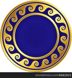 Golden round frame with Greek Meander pattern. Golden round frame with traditional vintage Greek Meander pattern on the blue background for design template. Gold pattern for decorative tiles and plates Traditional vintage Golden round Greek ornament, Meander pattern on red and black background. Gold pattern for decorative tiles, plates