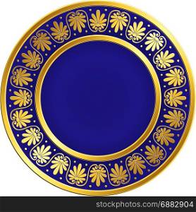 Golden round frame with Greek Meander pattern. Golden round frame with traditional vintage Greek Meander pattern on the blue background for design template. Gold pattern for decorative tiles and plates Traditional vintage Golden round Greek ornament, Meander pattern on red and black background. Gold pattern for decorative tiles, plates