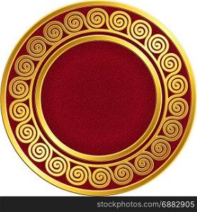 Golden round frame with Greek Meander pattern. Golden round frame with traditional vintage Greek Meander pattern on the red background for design template. Gold pattern for decorative tiles and plates Traditional vintage Golden round Greek ornament, Meander pattern on red and black background. Gold pattern for decorative tiles, plates