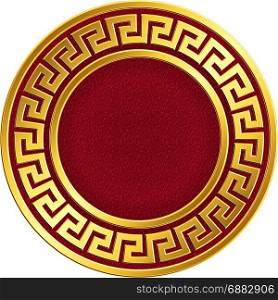 Golden round frame with Greek Meander pattern. Golden round frame with traditional vintage Greek Meander pattern on the red background for design template. Gold pattern for decorative tiles and plates Traditional vintage Golden round Greek ornament, Meander pattern on red and black background. Gold pattern for decorative tiles, plates