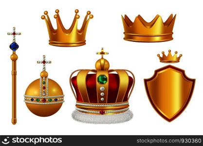 Golden royal symbols. Crown with jewels for knight monarch antique trumpet medieval headgear vector realistic. Illustration of king and monarch golden crown with jewelry stone. Golden royal symbols. Crown with jewels for knight monarch antique trumpet medieval headgear vector realistic