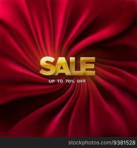 Golden sale badge on red twisted fabric background