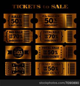 Golden sale tickets vector set. Vector tickets to sale isolated on black background illustration. Golden sale tickets vector set. Vector tickets to sale