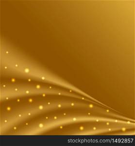 Golden satin waves with glowing sparkles.Gold silk background for luxurious cover or banner design. Vector illustration
