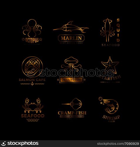Golden seafood labels thin line vector labels, logos, emblems isolated on black background illustration. Seafood labels thin line vector labels, logos, emblems