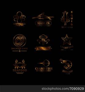 Golden seafood labels thin line vector labels, logos, emblems isolated on black background illustration. Seafood labels thin line vector labels, logos, emblems