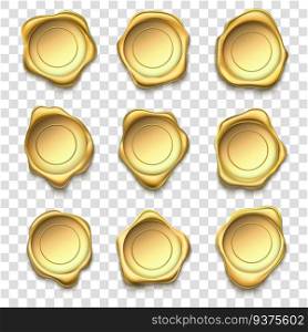 Golden seal. Elite gold wax seals, premium st&s and reliability envelope post st&. Quality guarantee certificate badge, waxing mail approval insignia. Vector illustration isolated symbols set. Golden seal. Elite gold wax seals, premium st&s and reliability envelope post st&vector illustration set