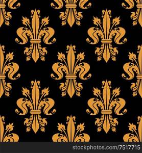 Golden seamless pattern of royal french lilies arranged into fleur-de-lis ornament on black background. Great for vintage wallpaper or scrapbook page backdrop design. Golden seamless pattern of royal fleur-de-lis