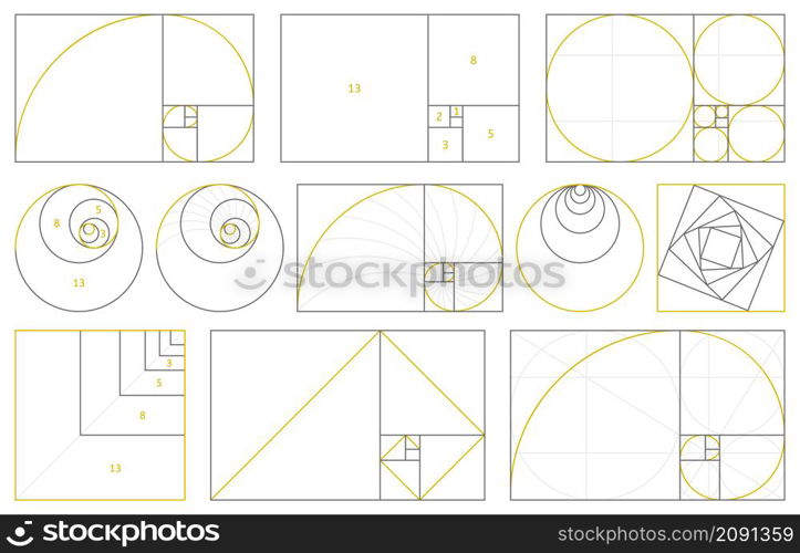 Golden section, fibonacci numbers, ideal proportions ratio. Geometry harmony gold fibonacci spiral ratio, vector illustration set. Spiral proportion elements. Ideal mathematics composition. Golden section, fibonacci numbers, ideal proportions ratio. Geometry harmony gold fibonacci spiral ratio, vector illustration set. Spiral proportion elements