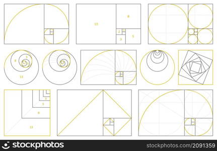 Golden section, fibonacci numbers, ideal proportions ratio. Geometry harmony gold fibonacci spiral ratio, vector illustration set. Spiral proportion elements. Ideal mathematics composition. Golden section, fibonacci numbers, ideal proportions ratio. Geometry harmony gold fibonacci spiral ratio, vector illustration set. Spiral proportion elements