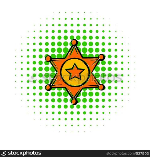 Golden sheriff star badge icon in comics style on a white background. Golden sheriff star badge icon, comics style