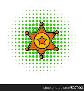 Golden sheriff star badge icon in comics style on a white background. Golden sheriff star badge icon, comics style