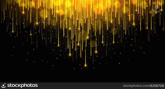 Golden shimmering shooting stars. Dark background with falling shiny glitter confetti particles, sparks rain luxury abstract vector backdrop. Magic trail of stardust, festive fireworks. Golden shimmering shooting stars. Dark background with falling shiny glitter confetti particles, sparks rain luxury abstract vector backdrop
