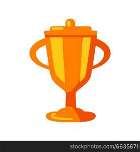 Golden shining cup icon. Vector illustration of prize with two grips with cap with knob on top. Object isolated on white background. Golden Prize Cup Icon Vector Illustration